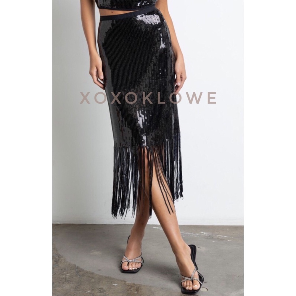 Sequin Skirt with Fringe Liquid Glass Look Black NWT